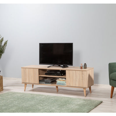 Mobiletto tv basso rettangolare in legno color quercia sonoma chiaro opaco, 2 ante laterali e 2 vani a giorno centrali. Dimensioni cm 140x40x50h