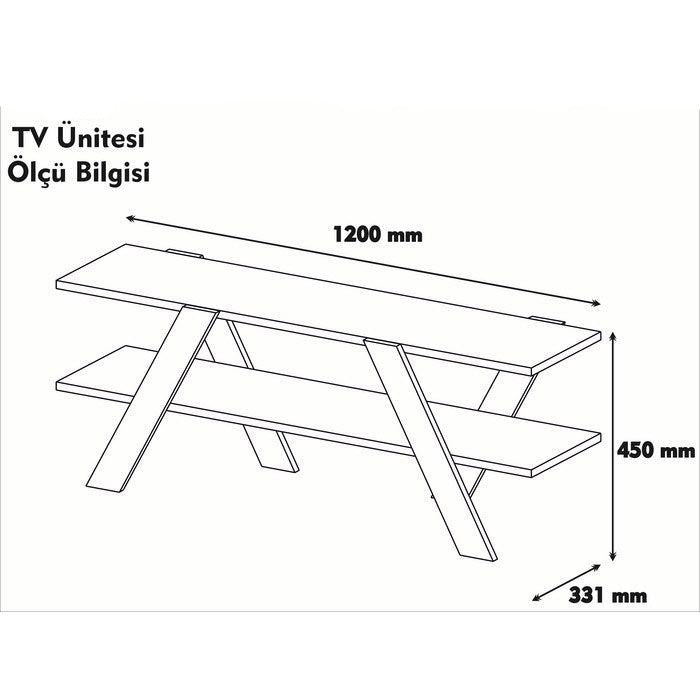 Mobiletto porta tv a 2 ripiani con gambe incrociate in legno design cm 120x33x45h