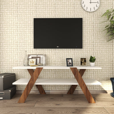 Mobiletto basso porta tv in stile moderno in legno con gambe incrociate color noce opaco e 2 ampi ripiani color bianco opaco. Dimensioni cm 120x33x45h, mobile versatile da utilizzare come vuoi