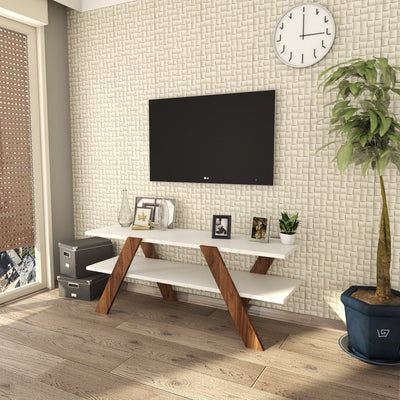 Mobiletto porta tv a 2 ripiani con gambe incrociate in legno design cm 120x33x45h