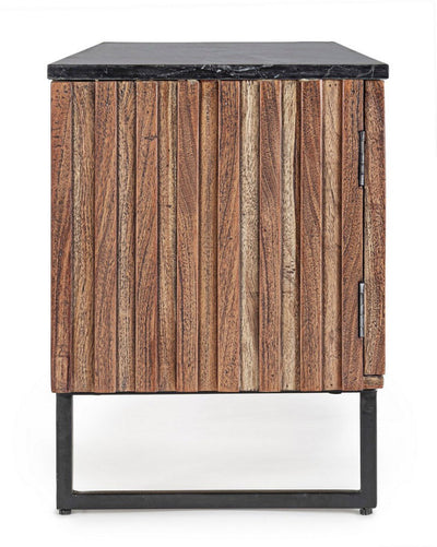 Porta tv in legno di acacia con piano in marmo nero cm 130x40x60h