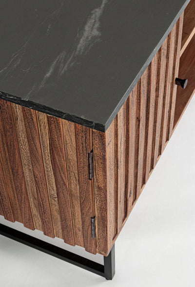 Porta tv in legno di acacia con piano in marmo nero cm 130x40x60h