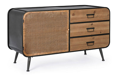 Mobile con cassetti e anta in legno e acciaio effetto rattan cm 118x47x68h