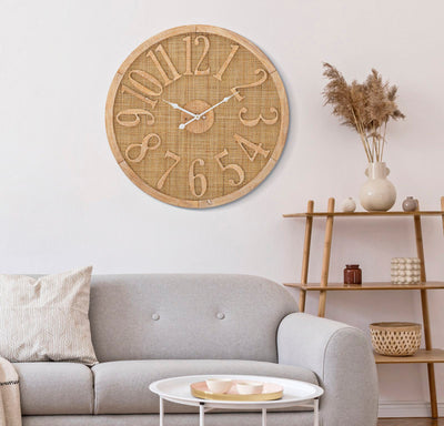Orologio rotondo da parete per soggiorno in legno e rattan cm 60x4