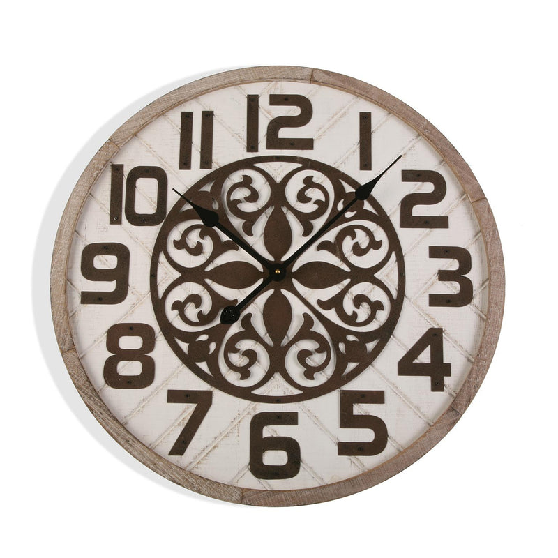 Orologio da parete tondo in legno e metallo con decorazione centrale cm Ø 60x4h