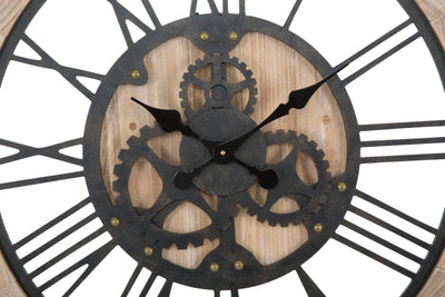 orologio tondo industrial in legno e ferro con ingranaggi