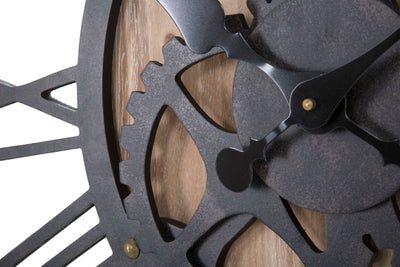 orologio tondo industrial in legno e ferro con ingranaggi