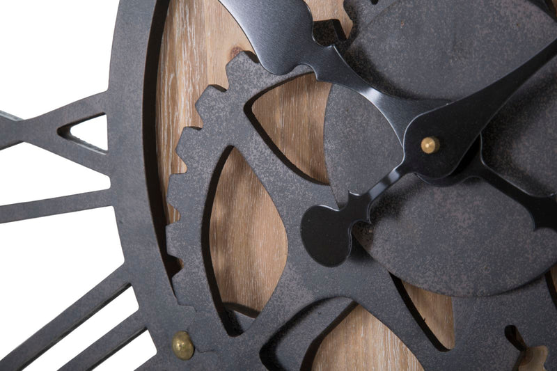 orologio tondo industrial in legno e ferro con ingranaggi