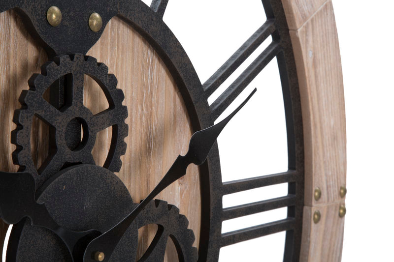 orologio tondo industrial in legno e ferro con ingranaggi