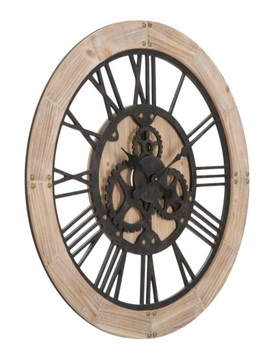 orologio tondo industrial in legno e ferro con ingranaggi
