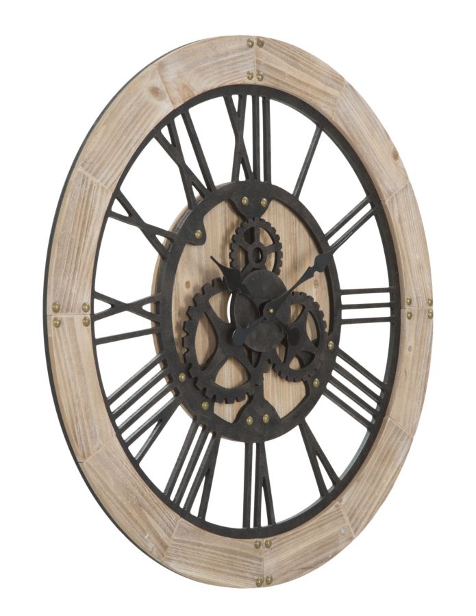 orologio tondo industrial in legno e ferro con ingranaggi
