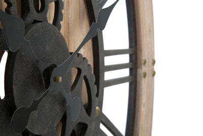 orologio tondo industrial in legno e ferro con ingranaggi
