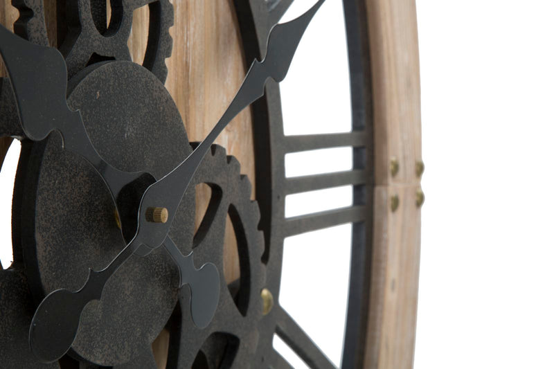 orologio tondo industrial in legno e ferro con ingranaggi