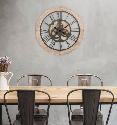 orologio tondo industrial in legno e ferro con ingranaggi