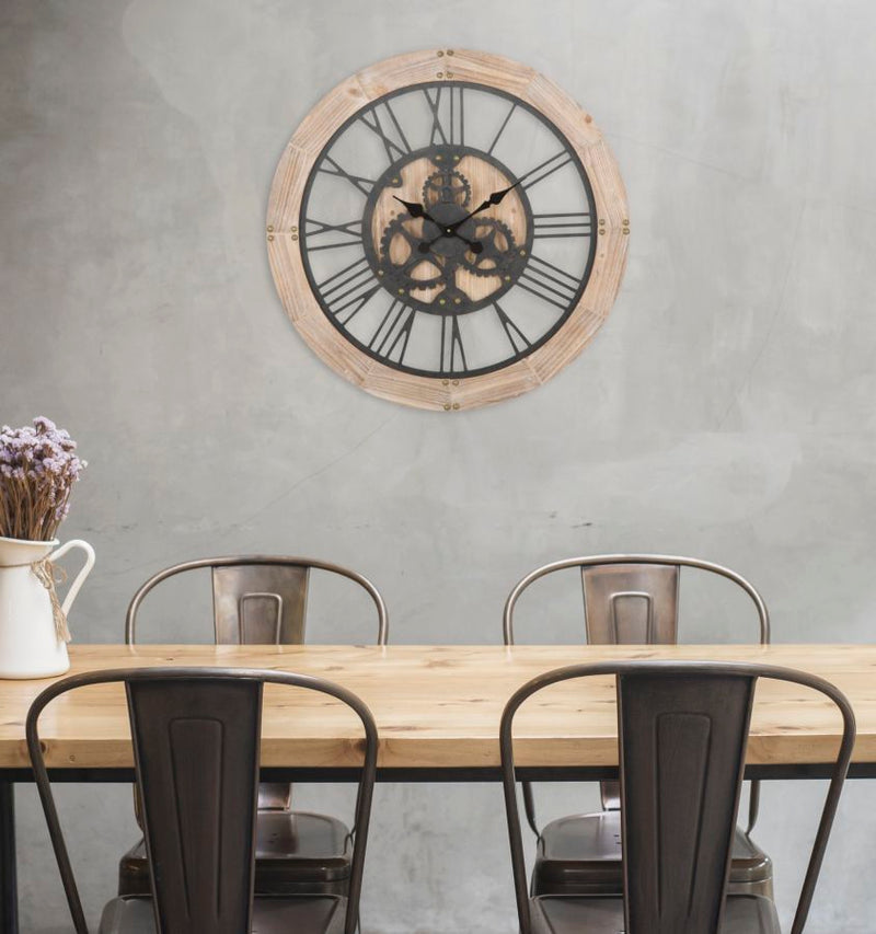orologio tondo industrial in legno e ferro con ingranaggi