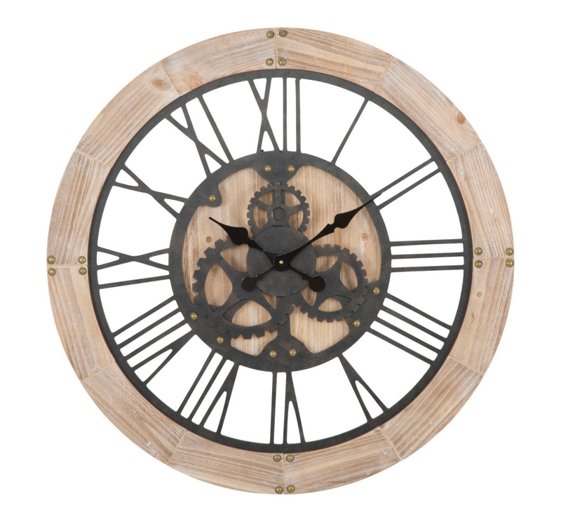 orologio tondo industrial in legno e ferro con ingranaggi