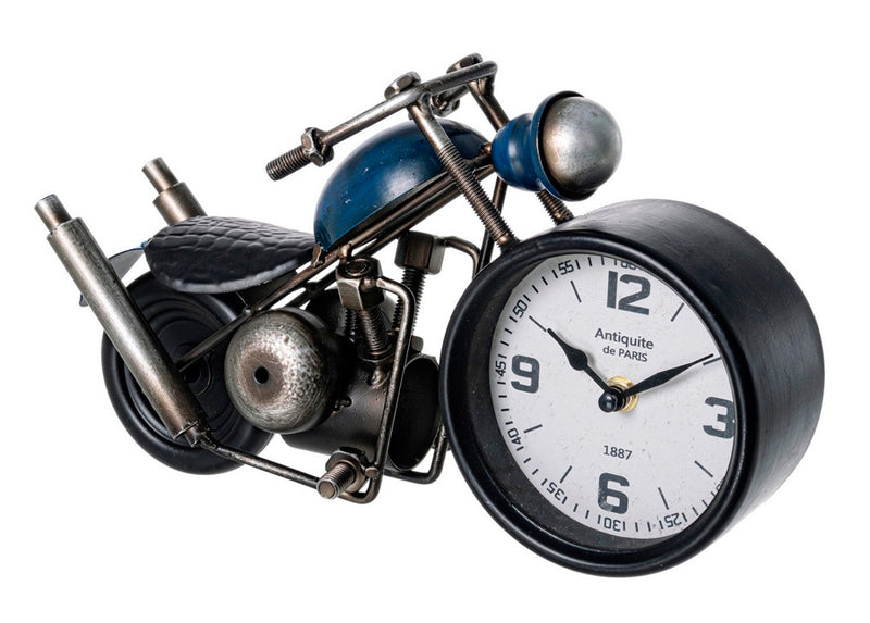 Orologio da tavolo vintage a forma di moto in acciaio e legno colore blu e nero cm 32x10x18h