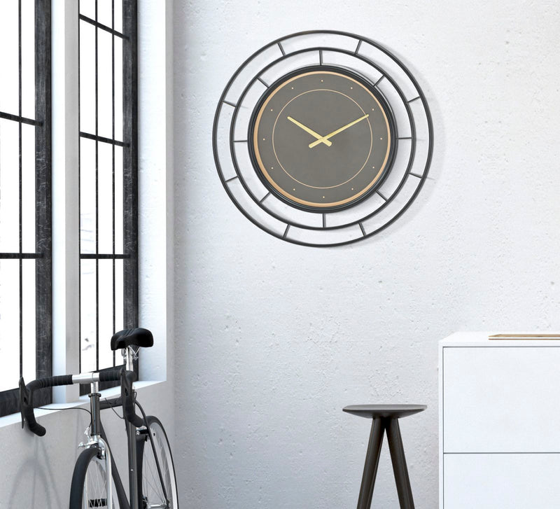 Orologio design tondo da salotto soggiorno in metallo nero e oro cm 70x5