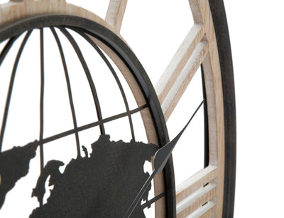 Orologio rotondo stile industriale con mappamondo in legno e metallo cm Ø 70x5