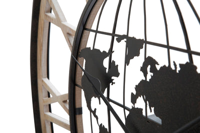 Orologio rotondo stile industriale con mappamondo in legno e metallo cm Ø 70x5