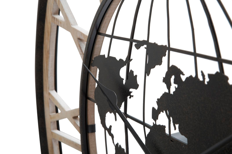 Orologio rotondo stile industriale con mappamondo in legno e metallo cm Ø 70x5