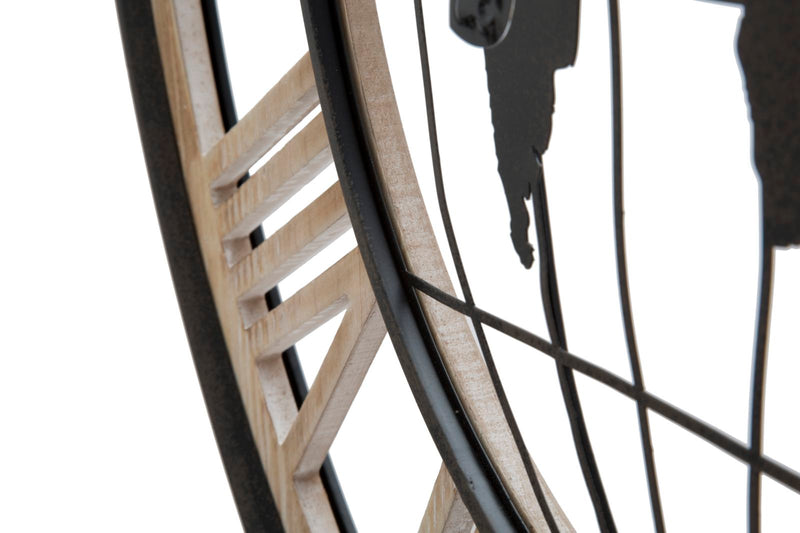 Orologio rotondo stile industriale con mappamondo in legno e metallo cm Ø 70x5