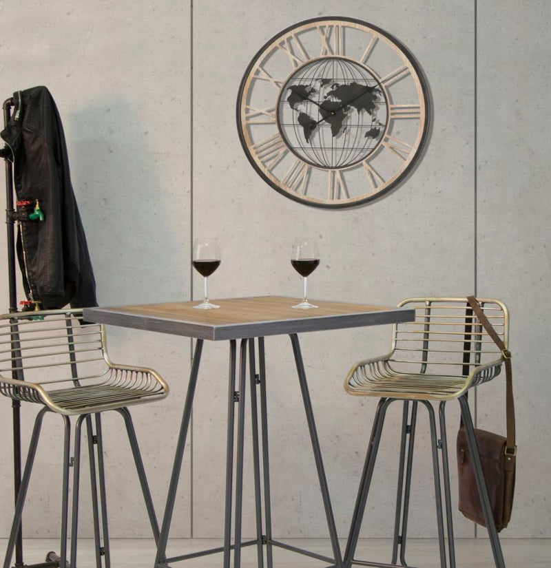 Orologio rotondo stile industriale con mappamondo in legno e metallo cm Ø 70x5