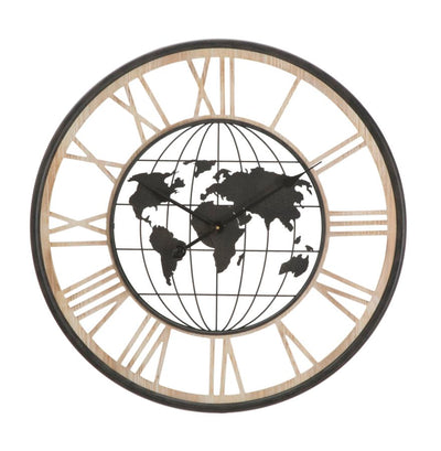 Orologio rotondo stile industriale con mappamondo in legno e metallo cm Ø 70x5