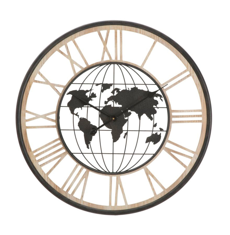Orologio rotondo stile industriale con mappamondo in legno e metallo cm Ø 70x5