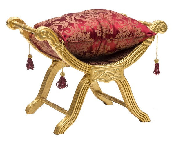 Panchetta barocco da camera o salotto in legno color oro seduta con cuscino tessuto rosso cm 76x47x57h