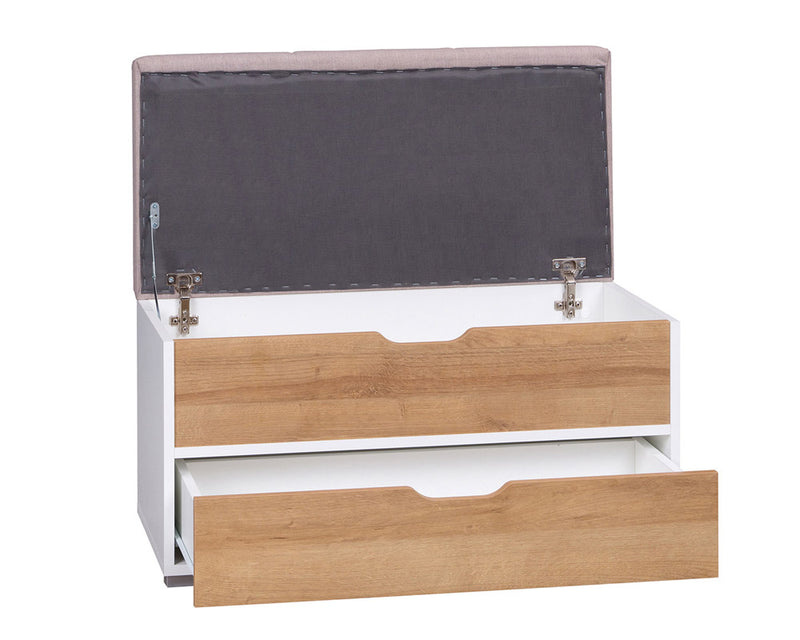 Fabris - Panca contenitore con cassetto in legno bianco e naturale cm 84x41x45h