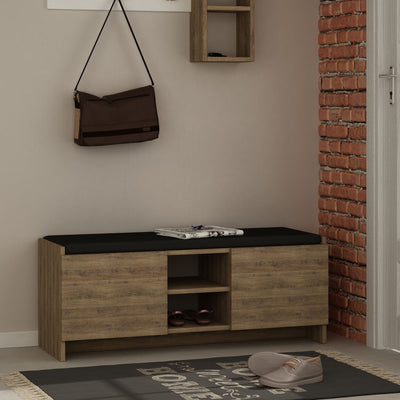 Panca da ingresso moderna scarpiera con seduta in legno color pino atlantico scuro opaco e nero opaco, 6 vani in totale, 2 ante. Dimensioni cm 110x37x43h