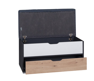 Ruvel - Panca contenitore in legno con cassetto seduta in tessuto cm 84x41x45h