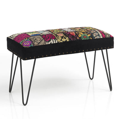 Panca da ingresso in tessuto patchwork con gambe in metallo cm 72x34x48h