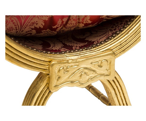 Panchetta barocco da camera o salotto in legno color oro seduta con cuscino tessuto rosso cm 76x47x57h