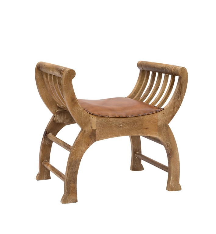 Sgabello panchetta in legno con seduta in cuoio cm 68x46x66h