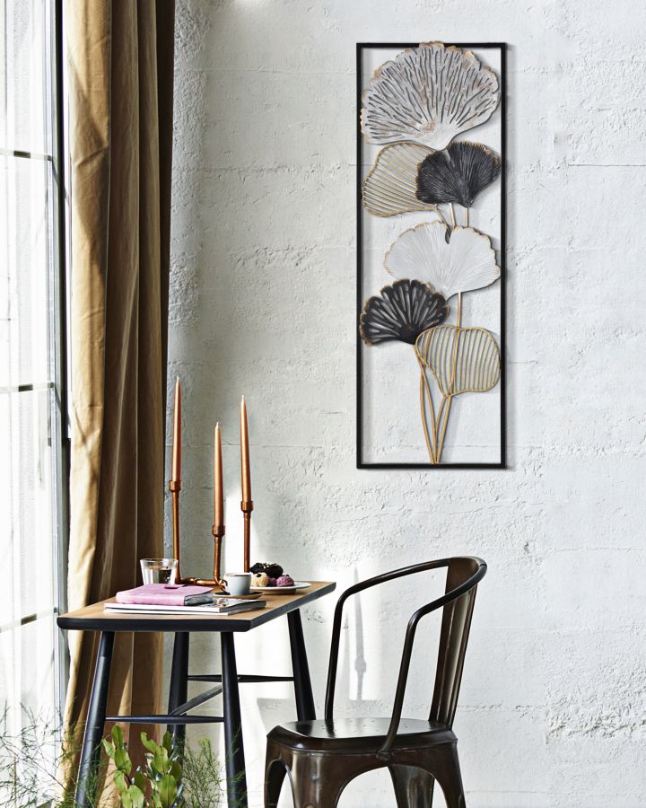 Pannello design quadretto con foglie e fiori in metallo cm 31x3x90h