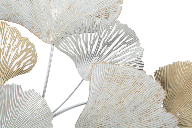 Pannello decorativo da parete con foglie bianco e oro cm 85x10x113h