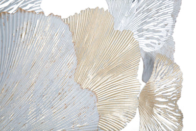 Pannello decorativo da parete con foglie bianco e oro cm 85x10x113h