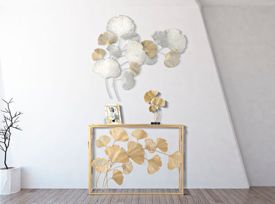 Pannello decorativo da parete con foglie bianco e oro cm 85x10x113h