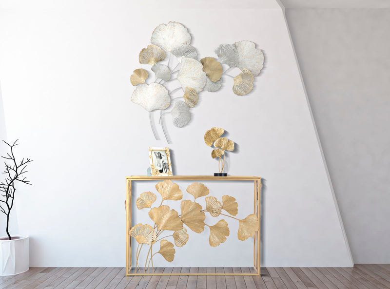 Pannello decorativo da parete con foglie bianco e oro cm 85x10x113h