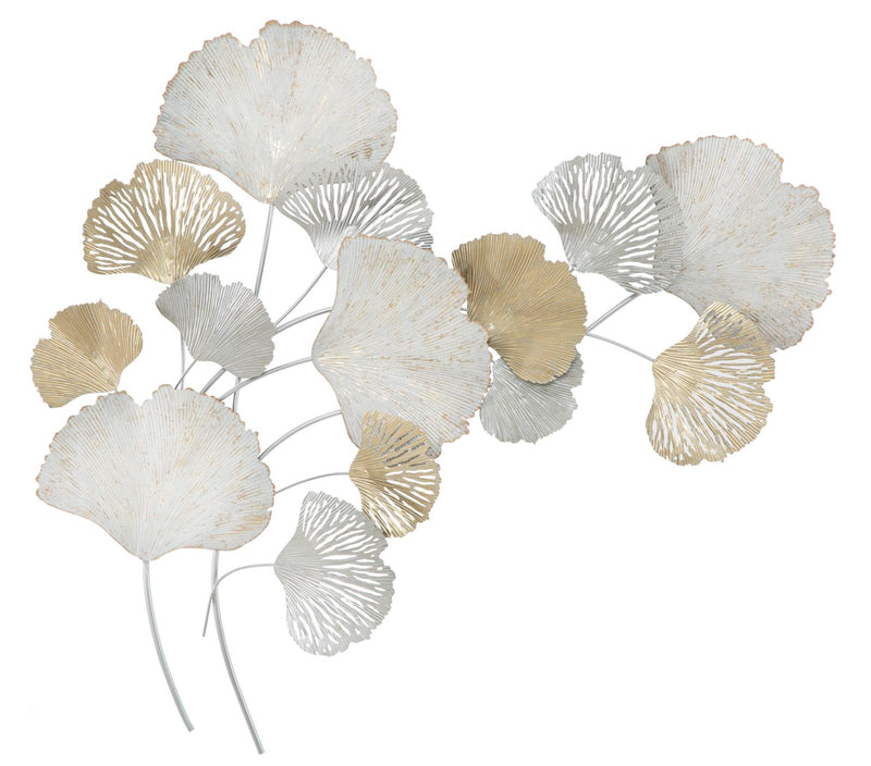 Pannello decorativo da parete con foglie bianco e oro cm 85x10x113h