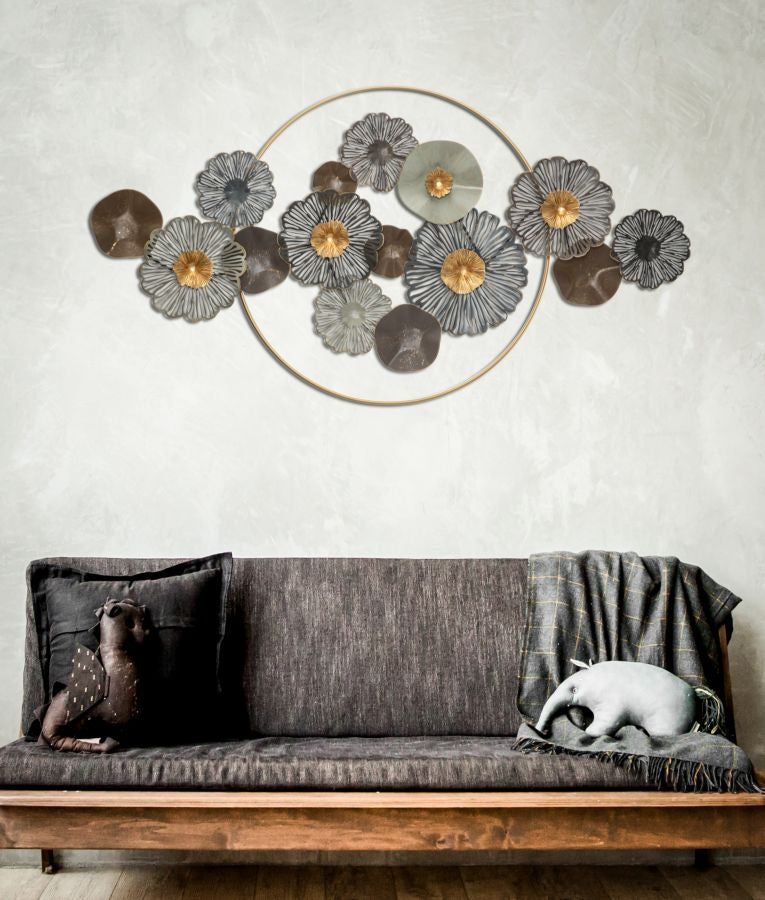 Pannello decorativo design in metallo 3D con fiori cm 155x8x85h