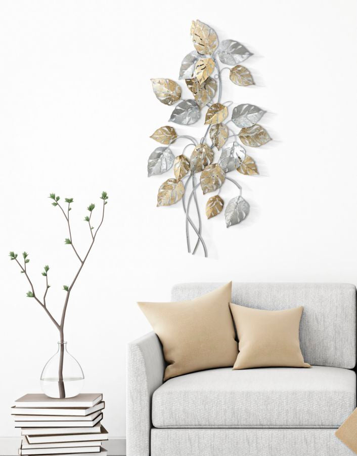 Pannello da parete decorativo verticale in metallo 3D con foglie cm 50x7x90h