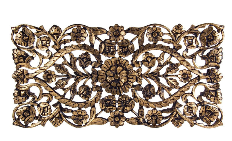 Pannello decorativo a muro in legno colore oro anticato tema floreale cm 120x2x60h