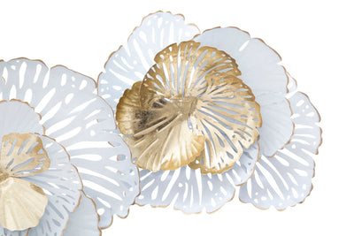 Pannello decorativo con fiori traforati in metallo 3D oro e bianco cm 148x11x78h