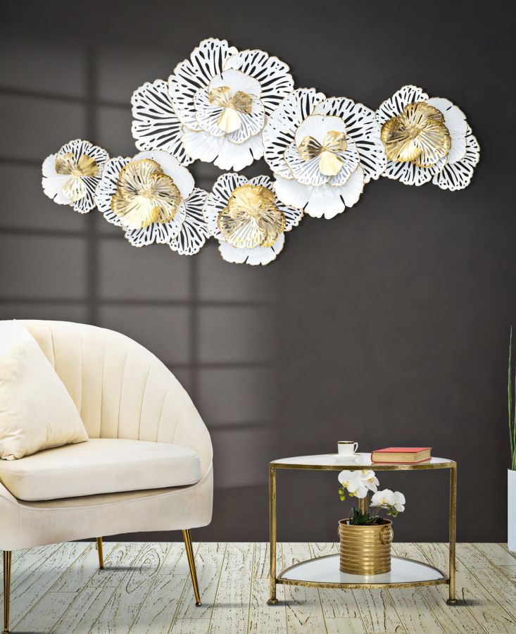 Pannello decorativo con fiori traforati in metallo 3D oro e bianco cm 148x11x78h