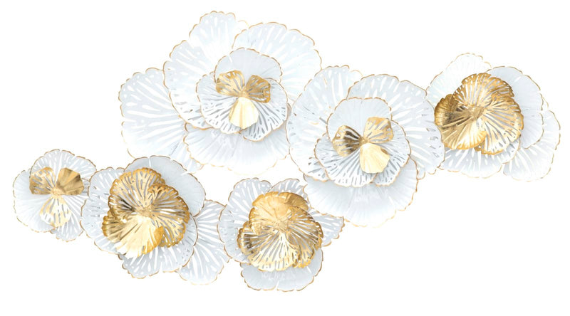 Pannello decorativo con fiori traforati in metallo 3D oro e bianco cm 148x11x78h