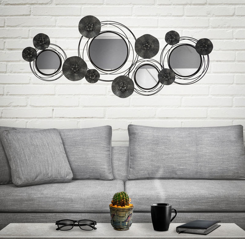 Pannello da parete in metallo con specchi e fiori cm 117x5x49h