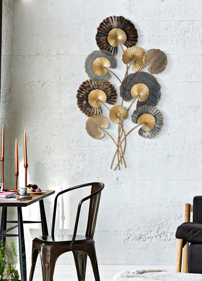 Decorazione da parete moderna con foglie in metallo 3D cm 63x4x109h